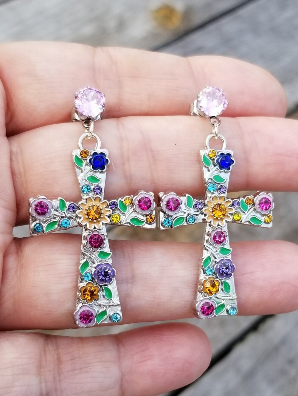 Colorful Floral Cross Stud Earrings, Rhinestone Cross Dangle Earrings